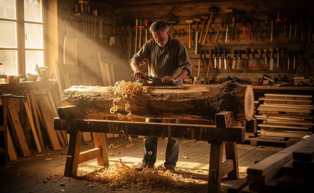 Un artisan façonne un grand tronc de bois à la main dans un atelier rustique baigné de lumière douce.
