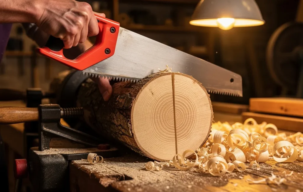 Un menuisier scie précisément une bille de bois, entouré de copeaux et baigné par la lumière chaleureuse de son atelier.