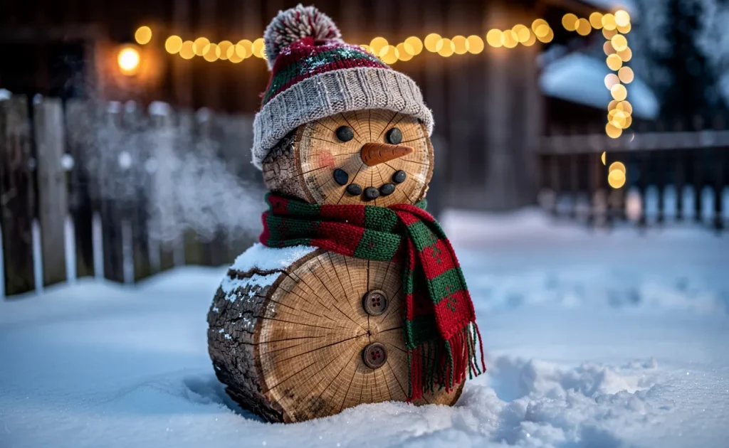 Un bonhomme de neige en rondins de bois avec une écharpe et un bonnet se tient devant un fond enneigé décoré de lumières dorées.