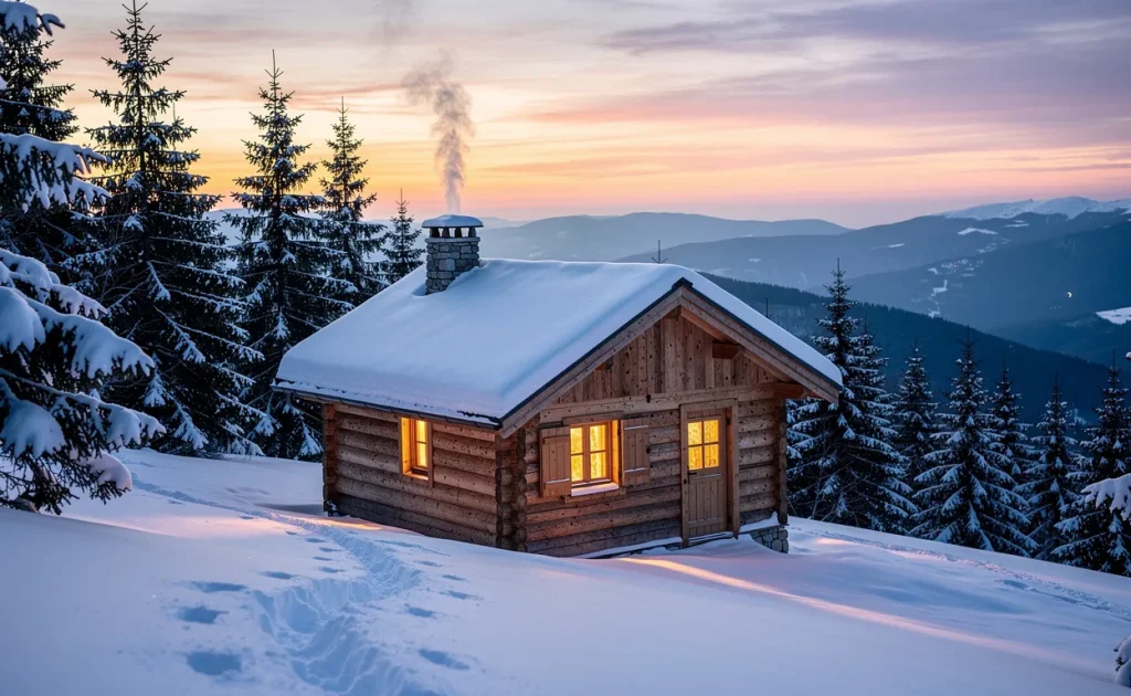 Un chalet en bois artisanal situé dans une forêt de pins enneigée des monts Mézenc, éclairé par la lumière dorée du soleil couchant et des fenêtres.
