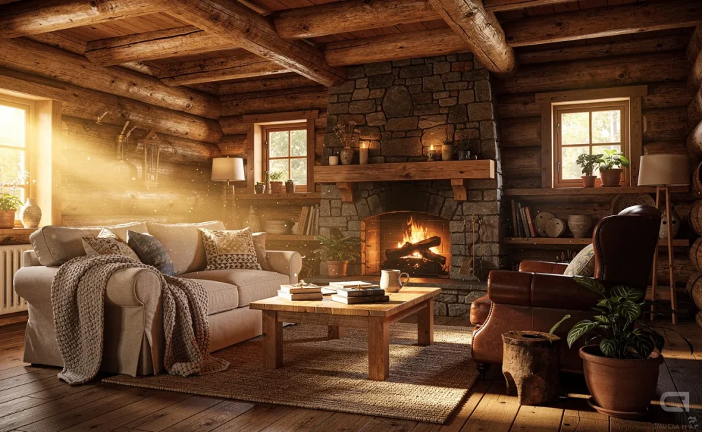 Intérieur d’un chalet en bois avec poutres apparentes, cheminée en pierre et mobilier confortable éclairé par une lumière douce.