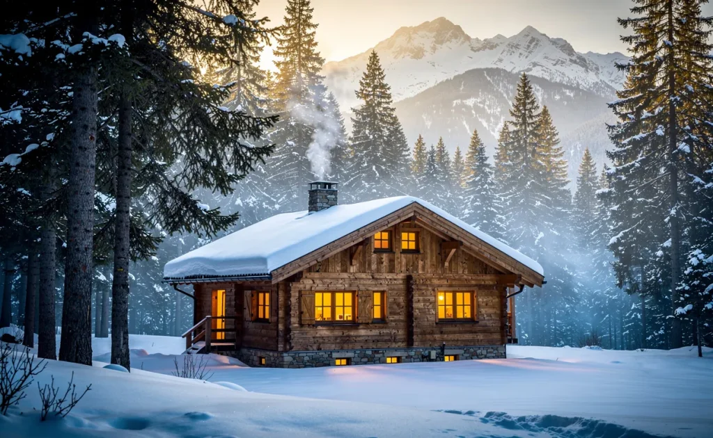 Un chalet en bois se trouve au milieu de pins et de montagnes enneigées, avec de la brume matinale et des fenêtres éclairées.