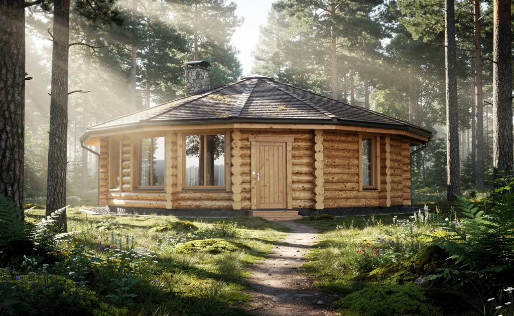 Un chalet rond en bois de 100m² se tient dans une clairière de forêt, baigné par la lumière du matin à travers les pins.