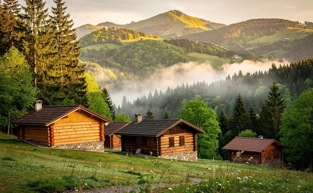Des chalets en bois traditionnels sont nichés dans les montagnes du Pilat près de Planfoy, entourés de brume matinale et éclairés par la lumière du soleil à travers les arbres.