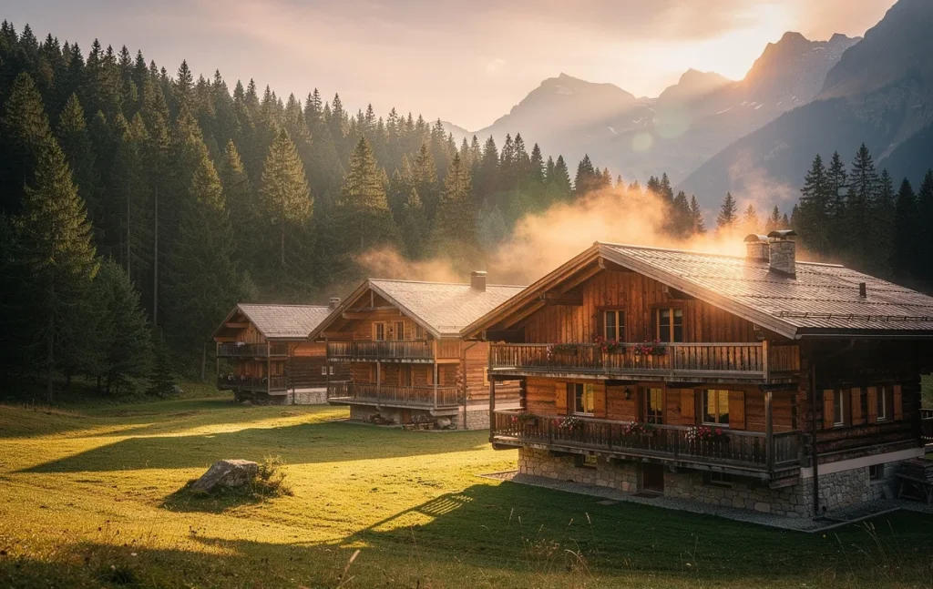 Des chalets en rondins entourés de pins dans la vallée de Sertigoutte avec une lumière dorée et une légère brume au-dessus des toits.