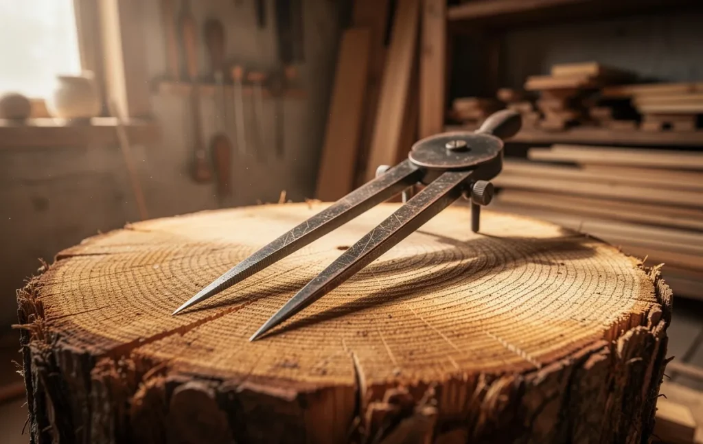 Un compas de menuisier ancien posé sur une grande bille de bois dans un atelier rustique éclairé par une lumière douce.