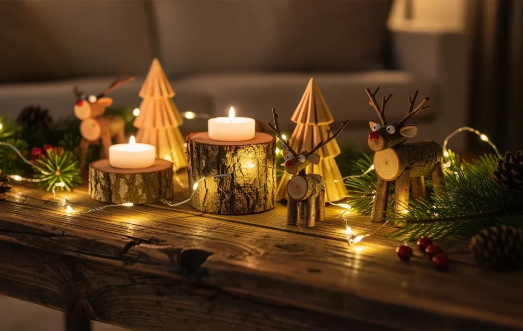 Table en bois rustique décorée d’objets de Noël en rondins, entourée de guirlandes lumineuses et de branches de pin.
