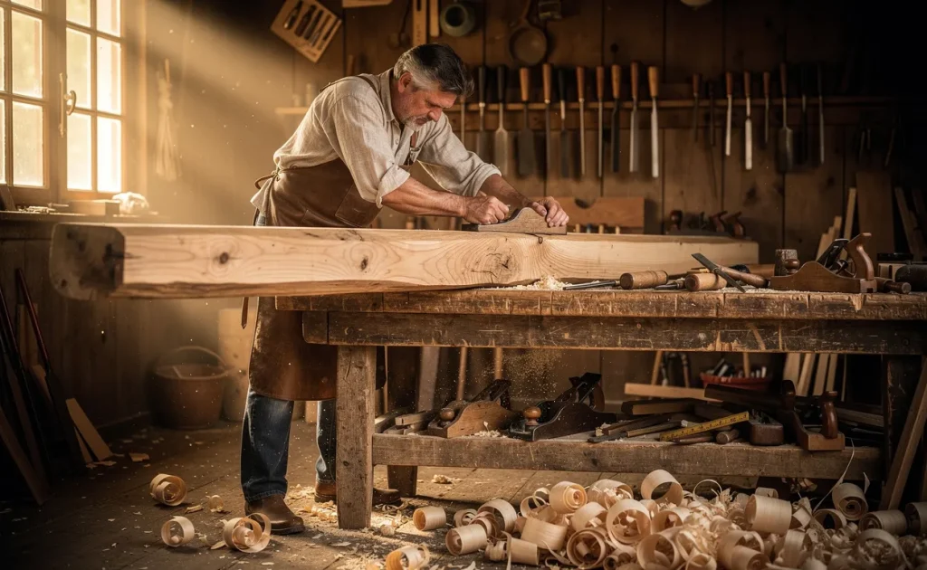 Un fustier travaille une grande poutre en bois dans un atelier traditionnel baigné de lumière, entouré d’outils anciens et de copeaux.