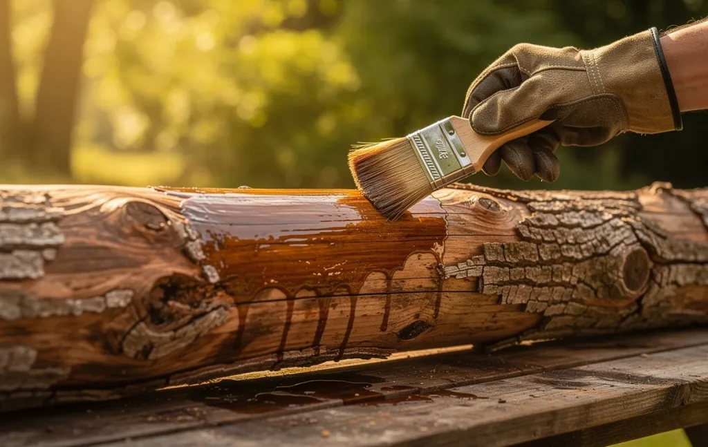 Un homme applique une huile protectrice sur une vieille bûche en bois à l’extérieur sous un éclairage doré parmi des arbres verdoyants.