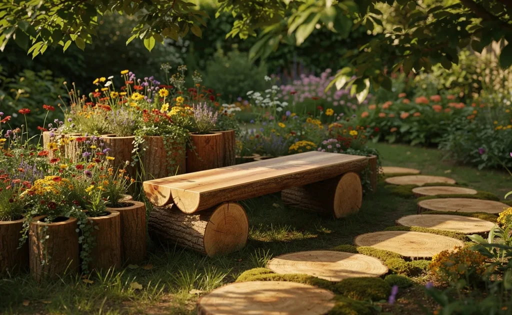 Des troncs de bois aménagés en bancs, jardinières et chemin de pas ornent un jardin verdoyant baigné par une lumière tamisée.
