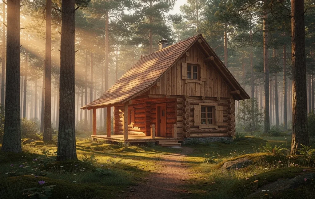 Maison en fuste traditionnelle française entourée de pins, baignée de lumière naturelle dans une clairière paisible.