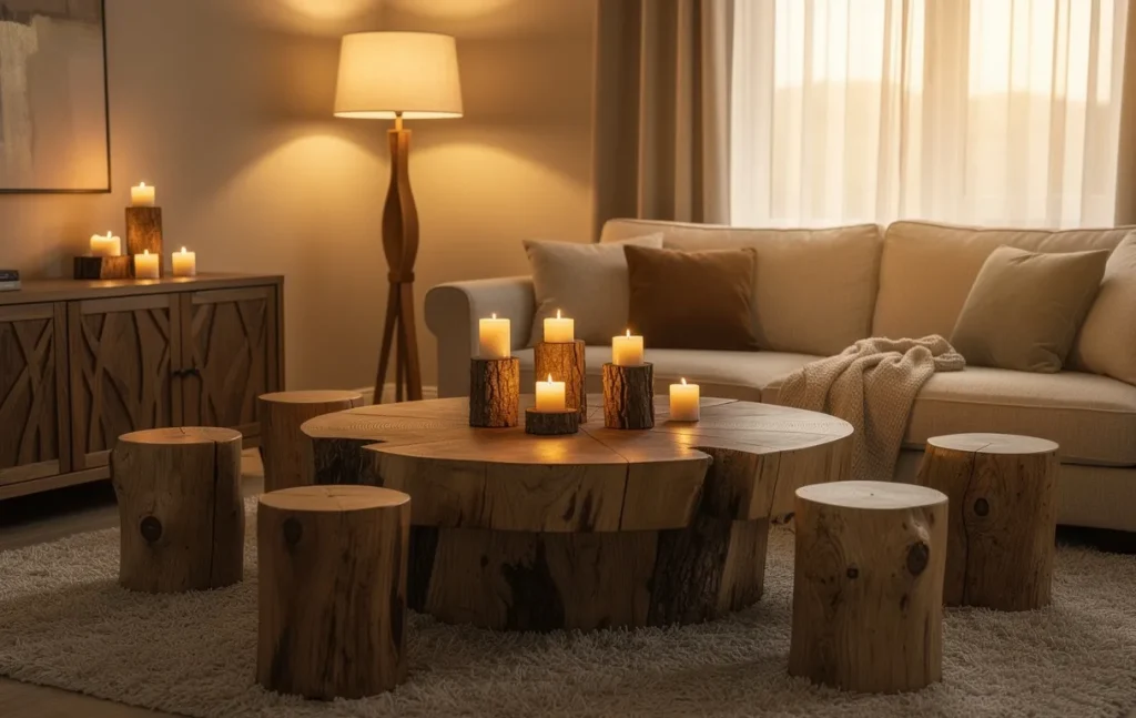 Salon chaleureux décoré de meubles et objets en rondins de bois sous une lumière dorée douce, dans des tons neutres.