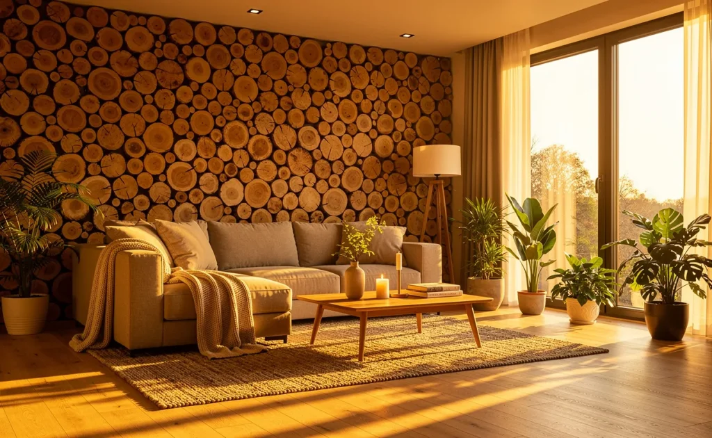 Salon chaleureux avec mur en rondins de bois, grandes fenêtres laissant passer la lumière du soleil et ambiance paisible.