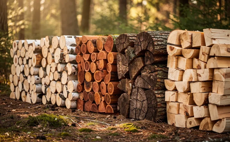 Des stères de bois de différentes essences empilés dans une clairière boisée sous une lumière douce.