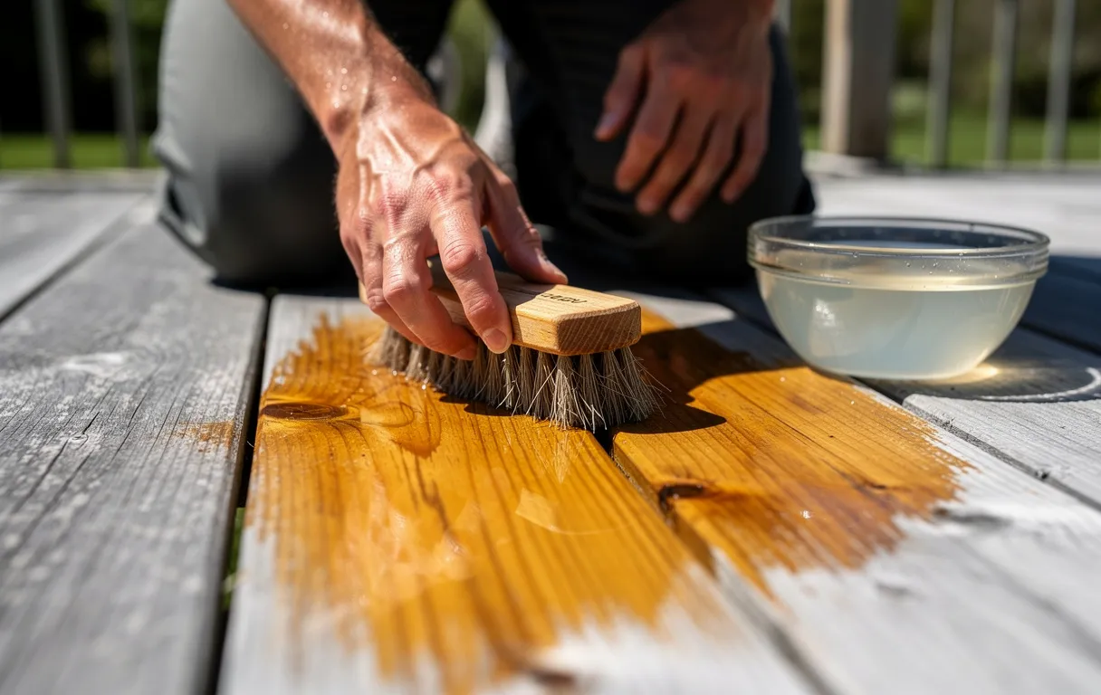 Une personne frotte doucement des lames de terrasse en bois grises avec une brosse trempée dans du vinaigre blanc, révélant des zones de bois clair sous la lumière du soleil.