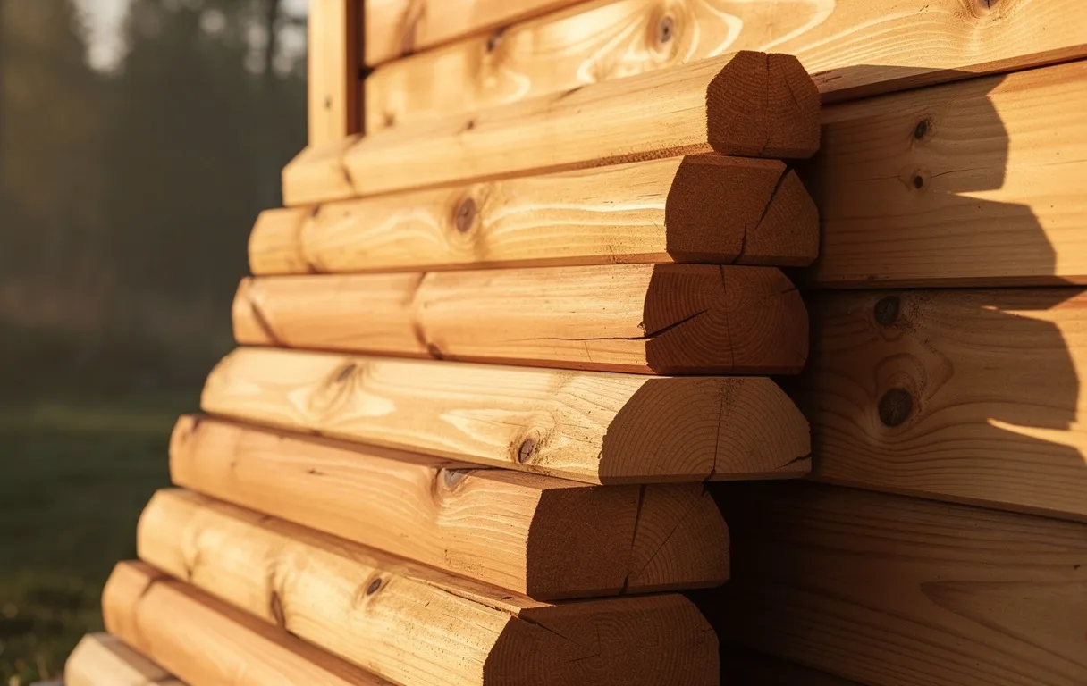 Des billes de bois demi-rondes à bords chanfreinés sont soigneusement empilées près d’un abri en bois sous une lumière matinale.
