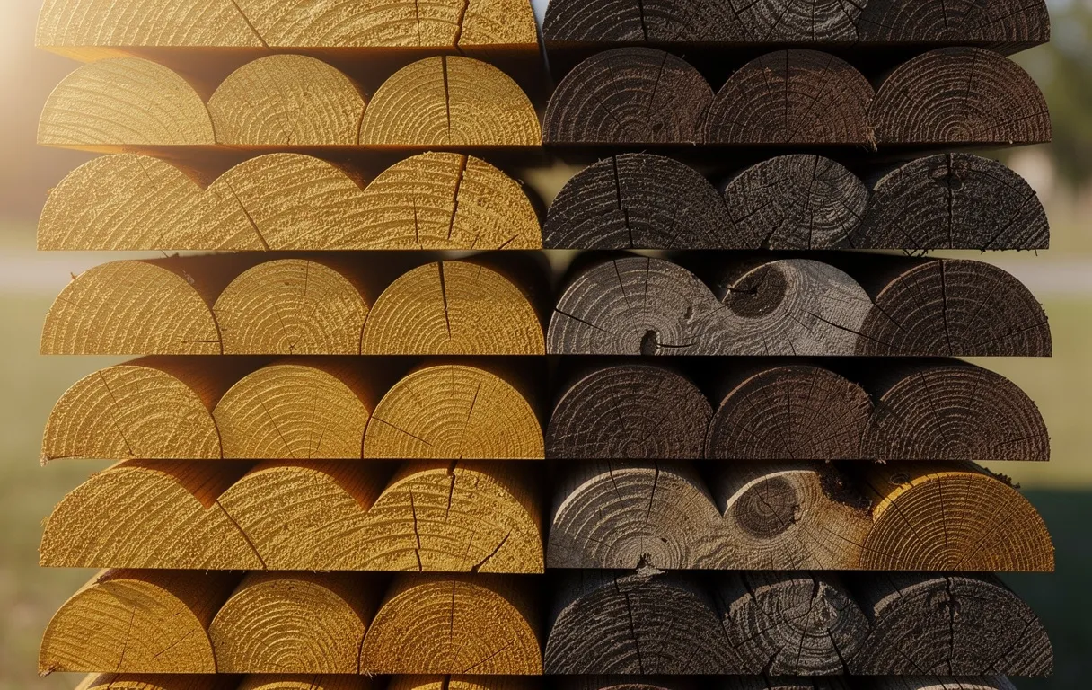 Des demi-rondins de bois empilés à l’extérieur montrent des teintes allant du doré au brun patiné sous une lumière naturelle douce.