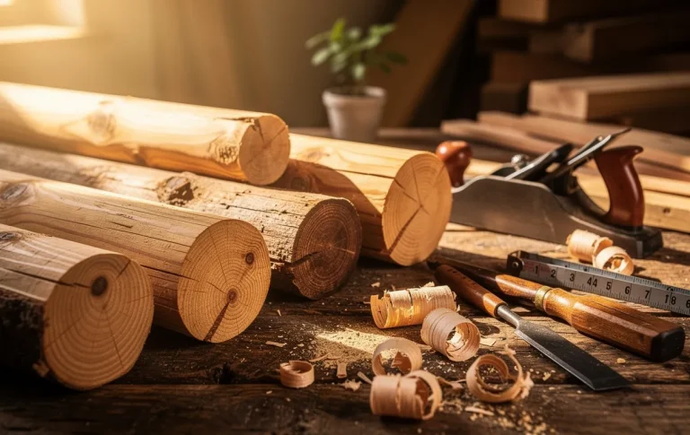 Des bûches de bois soigneusement disposées sur un établi rustique, entourées d’outils et d’éléments naturels sous une lumière chaleureuse.
