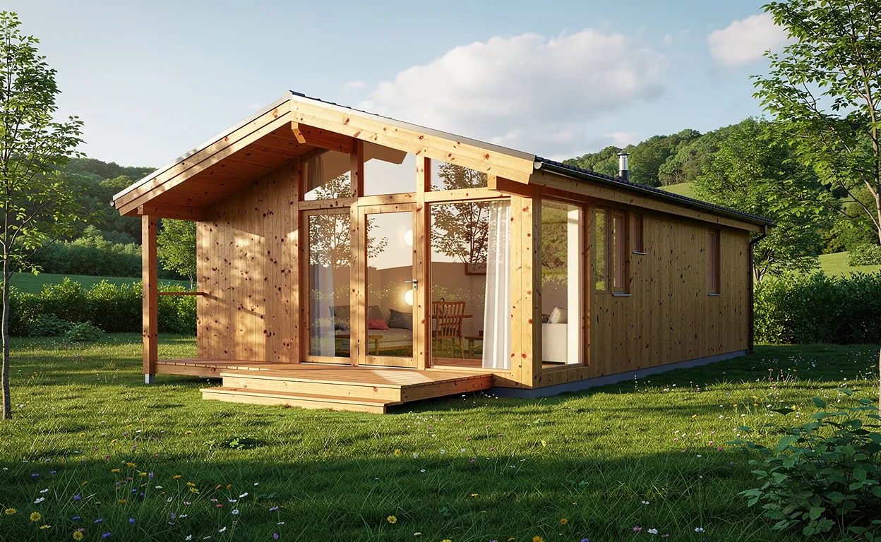 Chalet moderne en bois de 80m² posé dans un paysage verdoyant et éclairé par une lumière chaleureuse, avec des textures naturelles bien visibles.