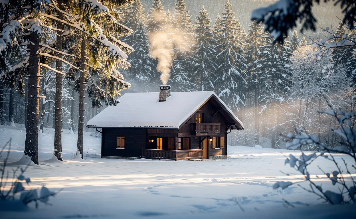 Un chalet en bois entouré de neige dans une forêt de pins du Doubs avec de la fumée sortant de la cheminée sous une lumière douce.
