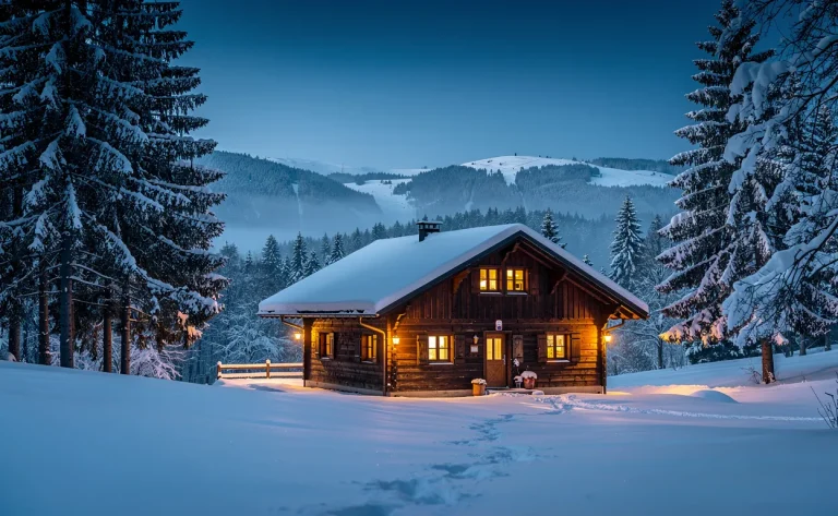 Un chalet en bois entouré de pins enneigés dans les Vosges, éclairé doucement à la tombée du jour.