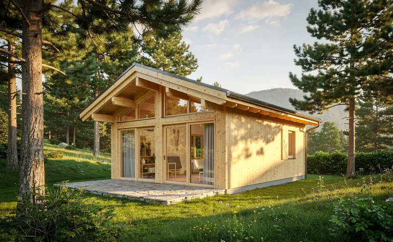 Chalet en bois de 100m2 entouré de pins et éclairé par une douce lumière du matin.