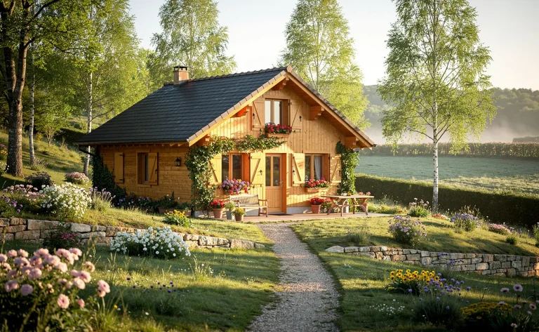 Un chalet en bois se trouve au milieu d’un jardin fleuri, entouré d’arbres et baigné de lumière matinale dans la campagne de Dordogne.