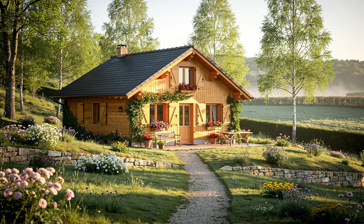 Un chalet en bois se trouve au milieu d’un jardin fleuri, entouré d’arbres et baigné de lumière matinale dans la campagne de Dordogne.