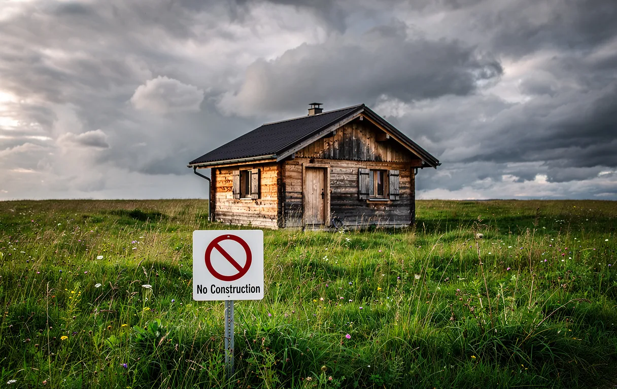 Un petit chalet en bois se tient isolé au milieu d’un champ verdoyant avec un panneau « Interdiction de construire » sous un ciel nuageux.