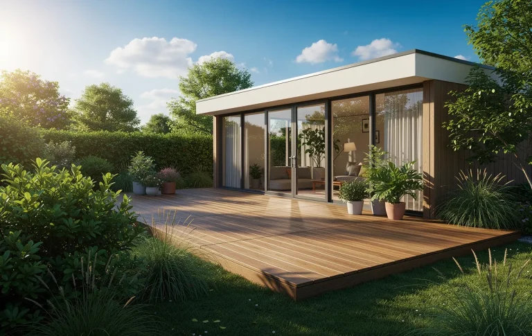 Chalet de jardin moderne avec de grandes baies vitrées et une terrasse en bois, entouré de verdure sous un ciel estival lumineux.