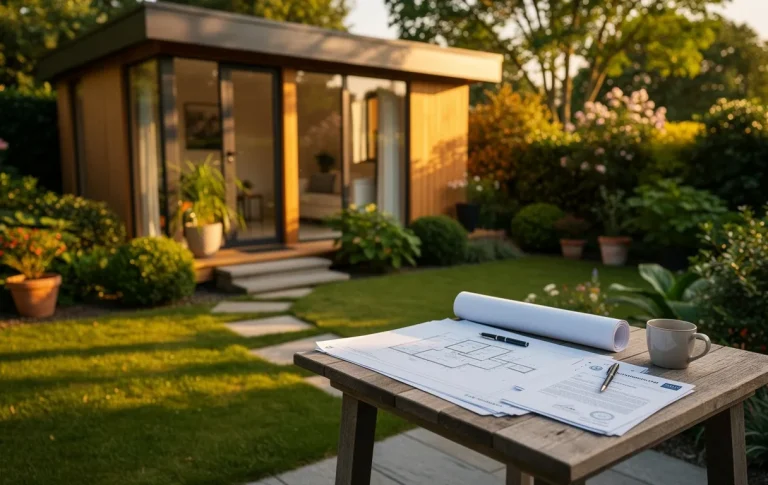 Un chalet de jardin moderne entouré de verdure avec des plans d’architecte et des documents officiels posés sur une table en bois à l’extérieur.