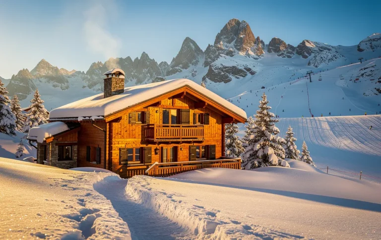 Un chalet en bois entouré de neige et de montagnes à Val Thorens, avec de la fumée sortant de la cheminée et des pistes de ski sous un ciel bleu.