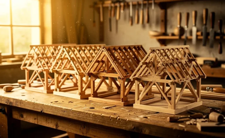 Plusieurs maquettes de charpentes traditionnelles en bois sont alignées sur un établi dans un atelier artisan ensoleillé.