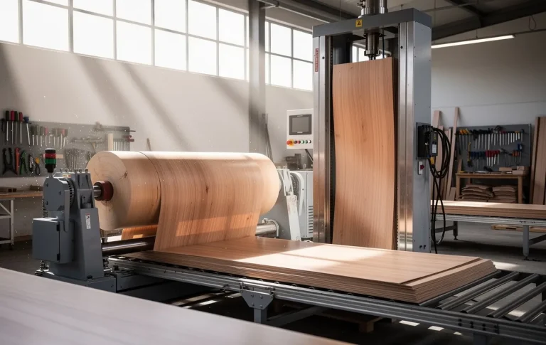 Des feuilles de placage en bois sont découpées par des machines dans un atelier moderne baigné de lumière naturelle.