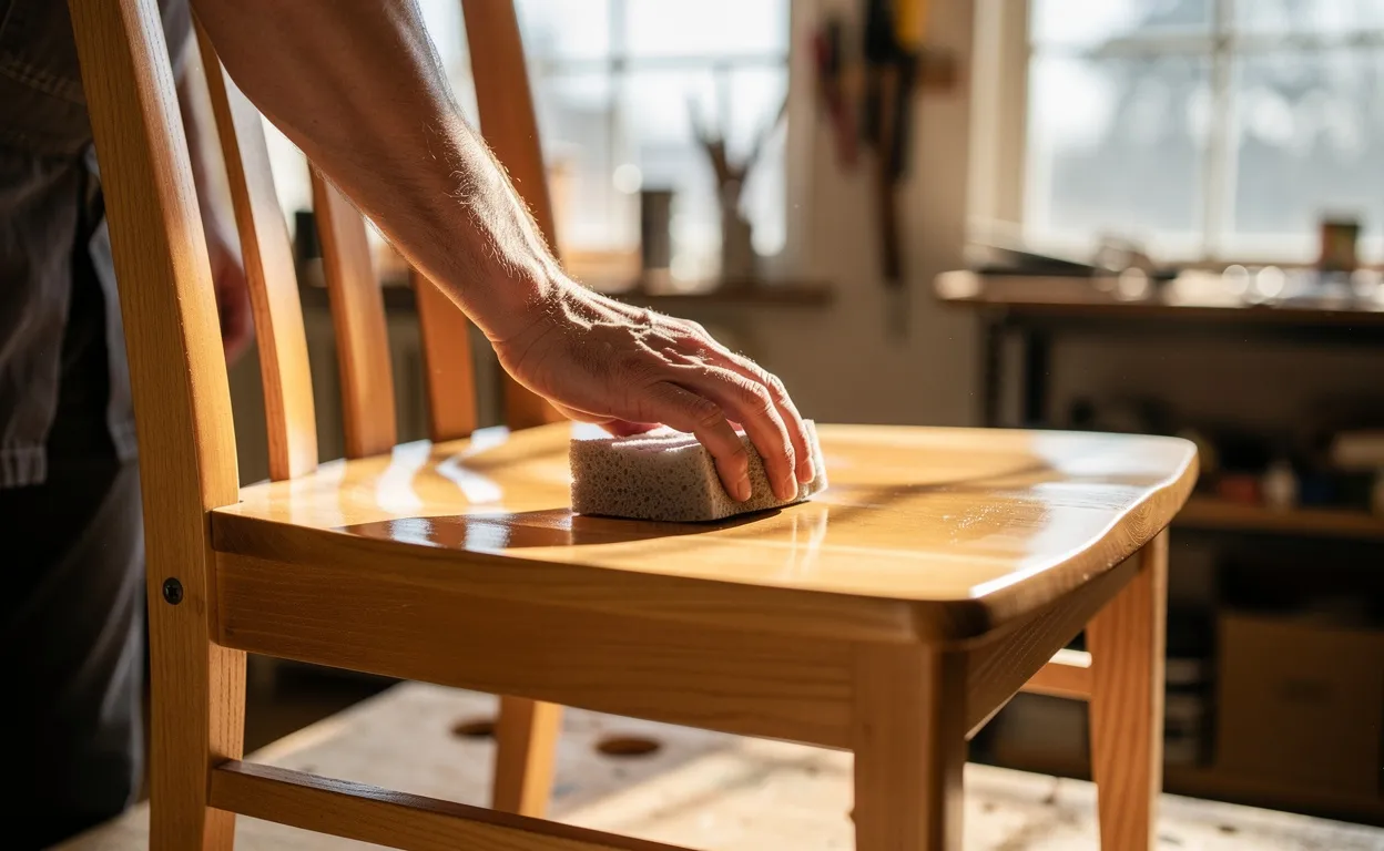 Une personne applique une solution éclaircissante avec une éponge sur une chaise en bois dans un atelier ensoleillé, rendant le bois plus clair sans poussière.