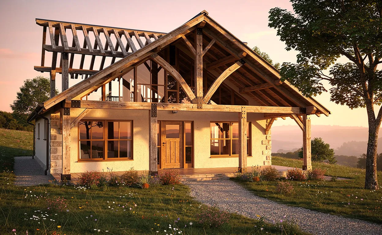 Une ferme pittoresque avec une charpente apparente en bois illuminée par la lumière chaude du coucher de soleil.