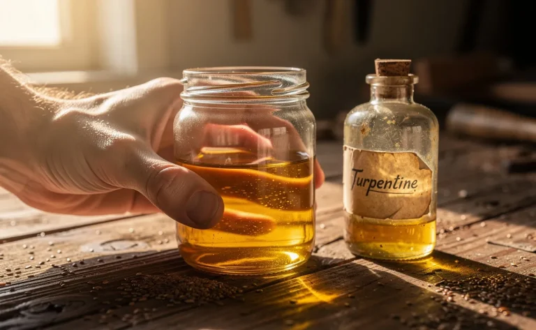 Une main tient un bocal d’huile de lin à côté d’un flacon de térébenthine sur un établi en bois éclairé par la lumière du soleil.