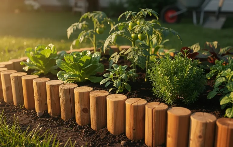 Petit jardin potager délimité par des rondins en bois, avec des plantes verdoyantes éclairées par la lumière du matin.