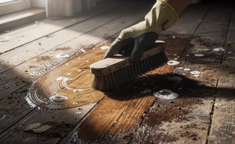 Un sol en vieilles planches de bois couvert de saleté est nettoyé avec une brosse sous une lumière tamisée venant d’une fenêtre.