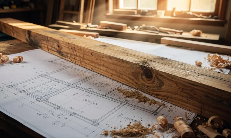Un madrier en bois posé sur des plans d’architecture, entouré de sciure dans un atelier baigné de lumière naturelle.