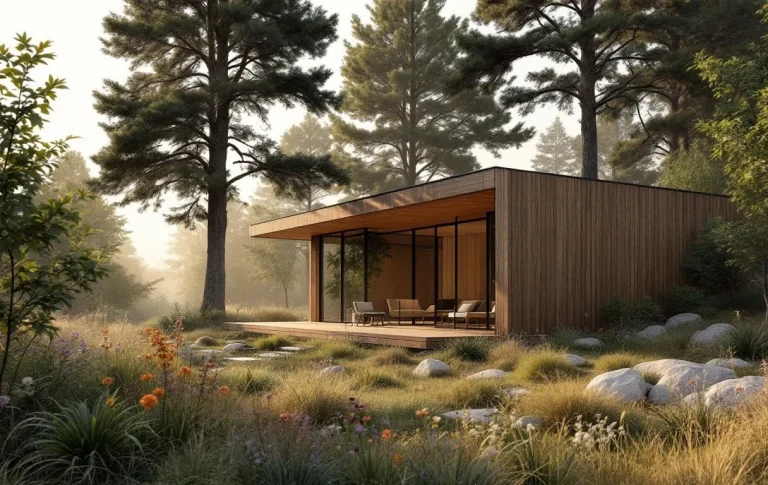 Maison en bois moderne au bord d’un jardin sauvage composé de graminées, de fleurs et de pierres sous une lumière dorée filtrée par de grands arbres.
