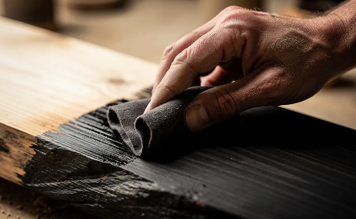 Main d’artisan appliquant une solution naturelle sur du bois brut, dont la teinte noircit tout en laissant apparaître le veinage.