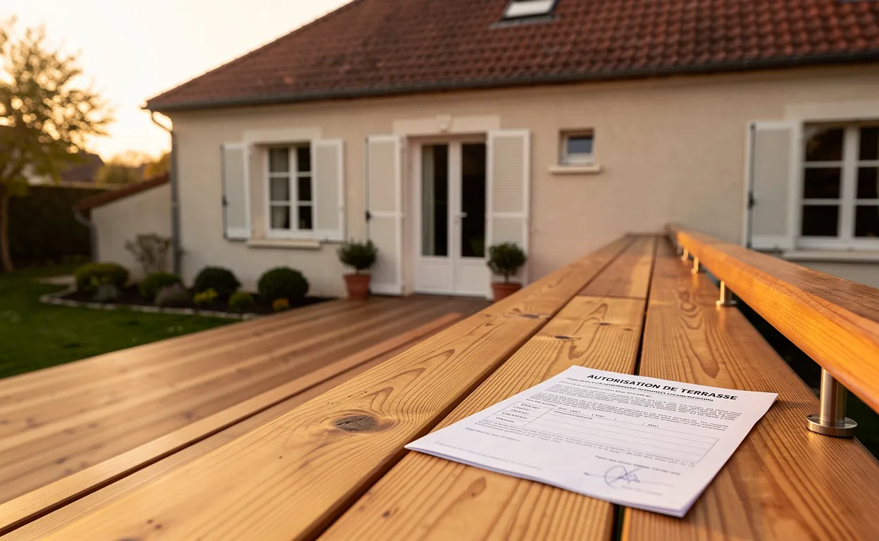 Une terrasse en bois neuve attenante à une maison française avec un formulaire de permission posé sur la rambarde, éclairée par une lumière du soir.