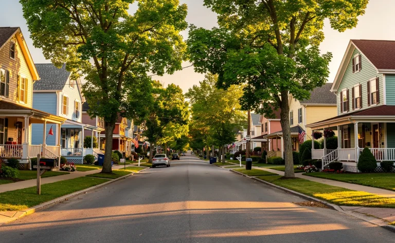 Un quartier américain avec des maisons en bois et des arbres verdoyants sous une lumière dorée en fin de journée.