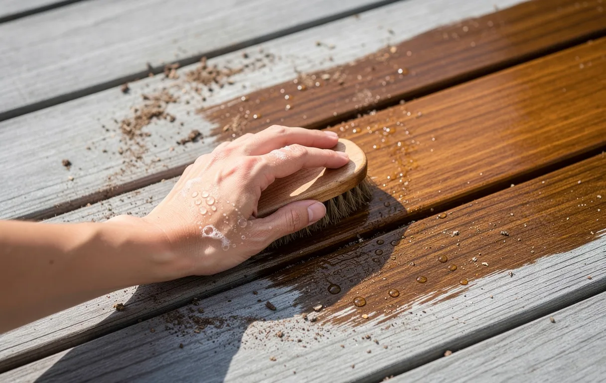 Une main nettoie en douceur une terrasse en bois, révélant la teinte brune du bois sous la grisaille.