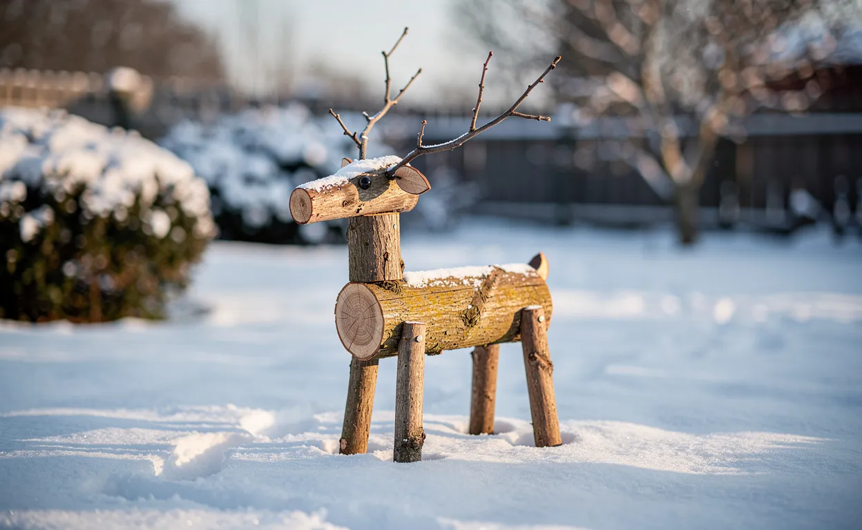 Un renne artisanal fabriqué avec des bûches et des branches se dresse sur une pelouse enneigée sous une lumière hivernale douce.