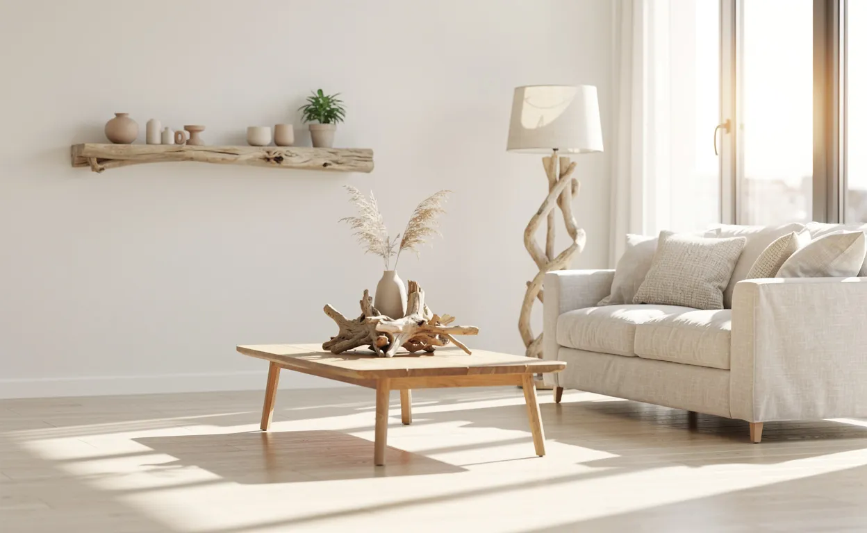 Salon lumineux décoré de créations artisanales en bois flotté, comme une lampe, une étagère murale et un vase, avec lumière douce traversant de grandes fenêtres.