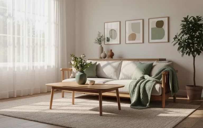 Un salon lumineux avec des meubles en bois naturel et des touches de vert sauge et beige, créant une ambiance paisible.