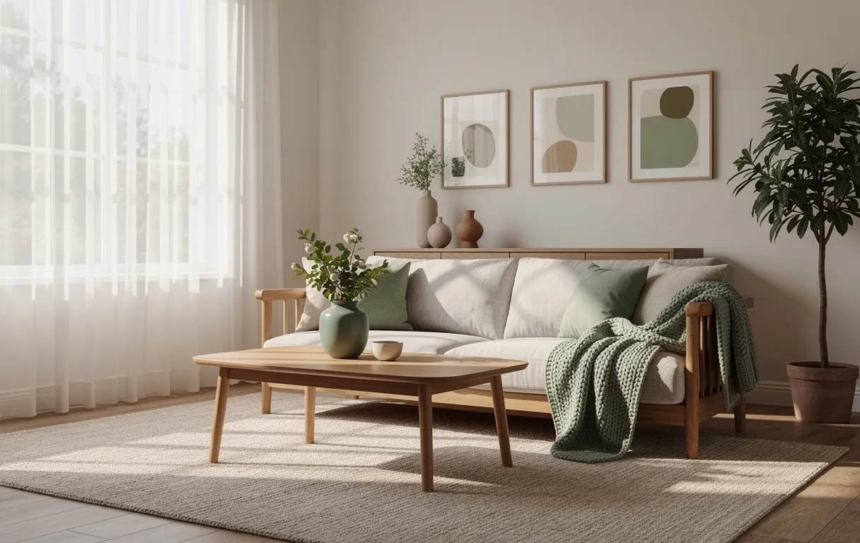Un salon lumineux avec des meubles en bois naturel et des touches de vert sauge et beige, créant une ambiance paisible.