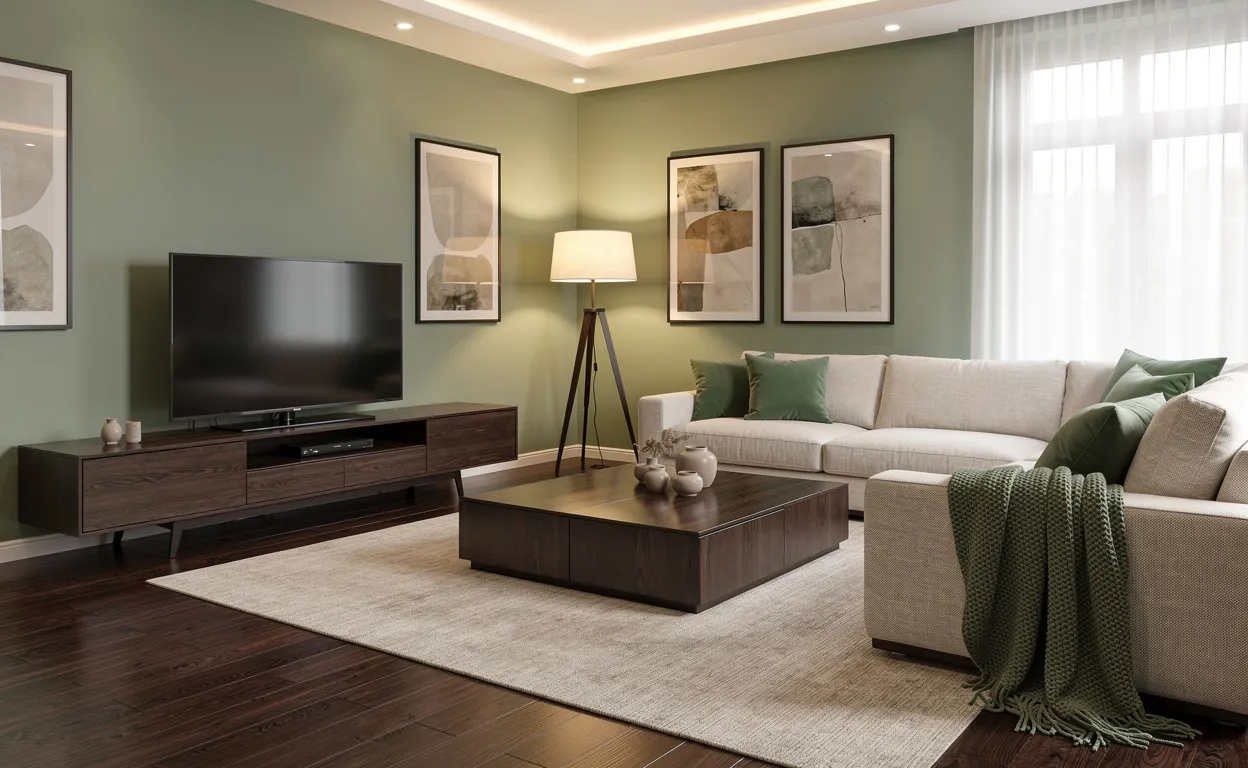 Salon moderne avec parquet sombre, meubles assortis, murs et décor vert sauge, éclairage chaleureux et ambiance élégante.